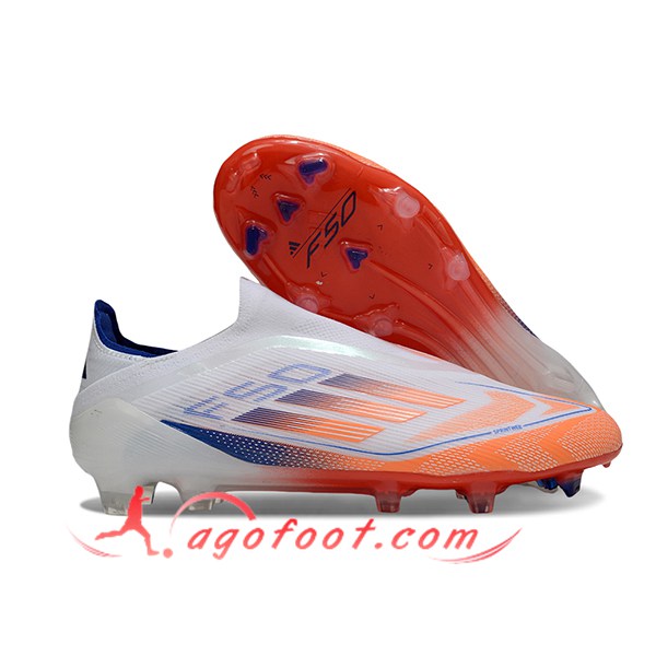 Adidas Chaussures de Foot F50 Elite Laceless FG Blanc/Orange/Bleu