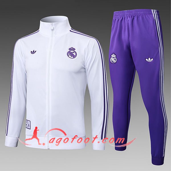 Ensemble Survetement de Foot Veste Foot Real Madrid Enfant Blanc/Pourpre 2025/2026