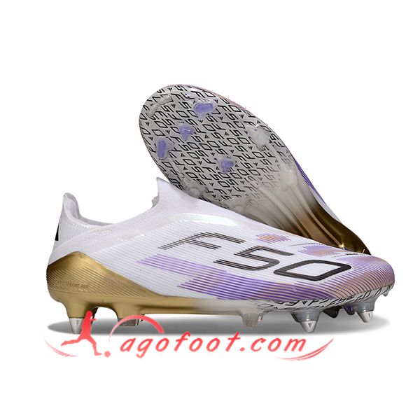 Adidas Chaussures de Foot F50 Elite Laceless FG Blanc/Pourpre/Noir/Jaune