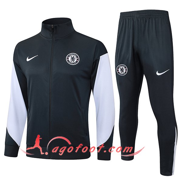 Ensemble Survetement de Foot Veste FC Chelsea Gris/Blanc 2025/2026