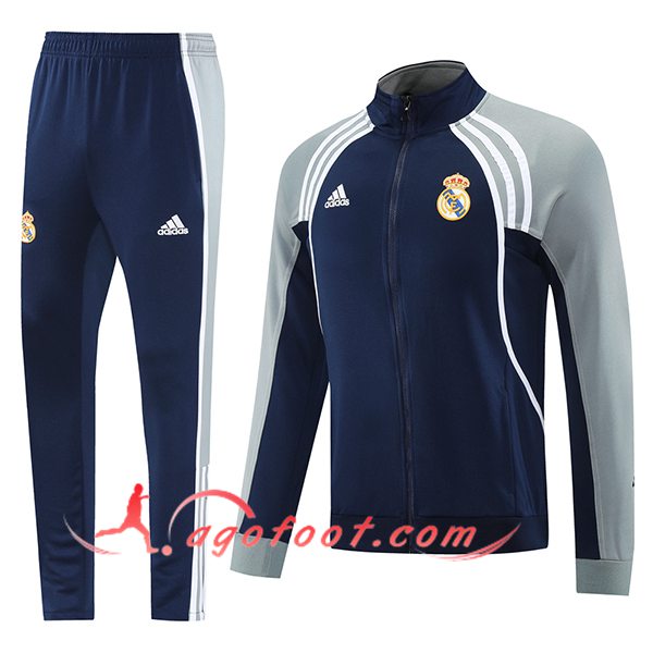 Ensemble Survetement de Foot Veste Real Madrid Bleu/Gris/Blanc 2025/2026