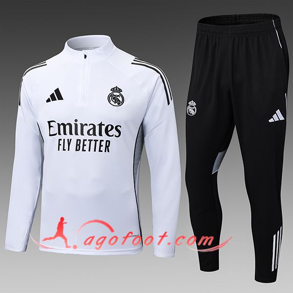 Ensemble Survetement de Foot Real Madrid Enfant Blanc/Noir 2025/2026