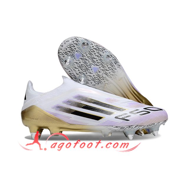 Adidas Chaussures de Foot F50 Elite Laceless SG Blanc/Noir/Pourpre/Jaune
