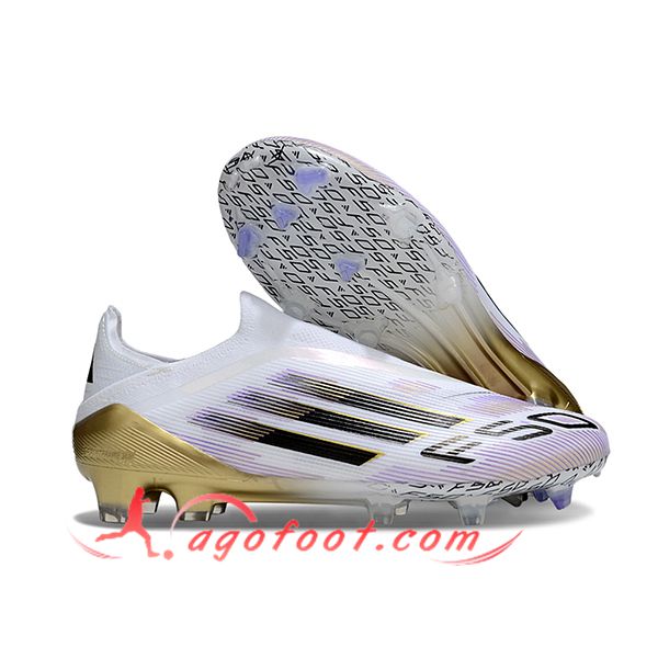 Adidas Chaussures de Foot F50 Elite Laceless FG Blanc/Noir/Pourpre/Jaune