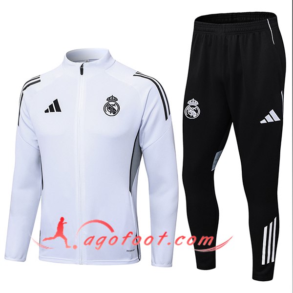 Ensemble Survetement de Foot Veste Real Madrid Blanc/Noir/Gris 2025/2026