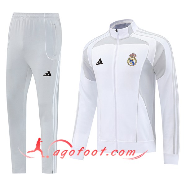 Ensemble Survetement de Foot Veste Real Madrid Blanc/Gris 2025/2026 -02