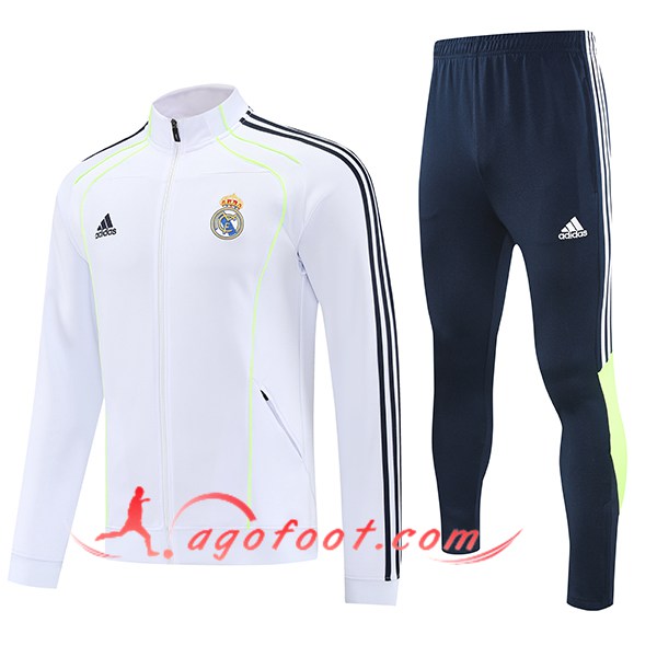 Ensemble Survetement de Foot Veste Real Madrid Blanc/Bleu/Vert 2025/2026