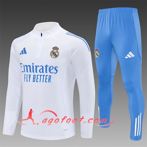 Ensemble Survetement de Foot Real Madrid Enfant Blanc/Bleu 2025/2026