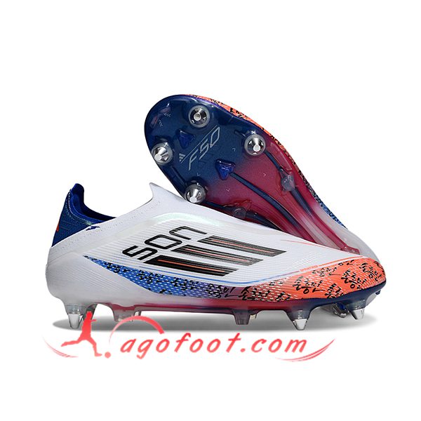 Adidas Chaussures de Foot F50 Elite Laceless SG Blanc/Bleu/Orange/Noir