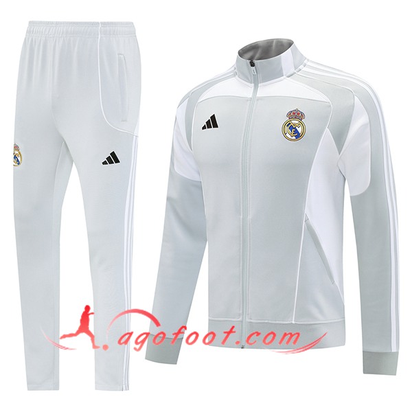 Ensemble Survetement de Foot Veste Real Madrid Gris/Blanc 2025/2026