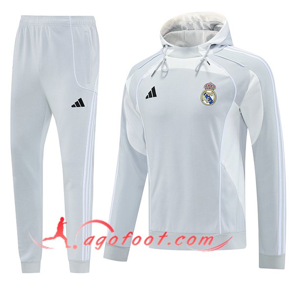 Ensemble Survetement Veste A Capuche Coupe-Vent Real Madrid Gris/Blanc 2025/2026