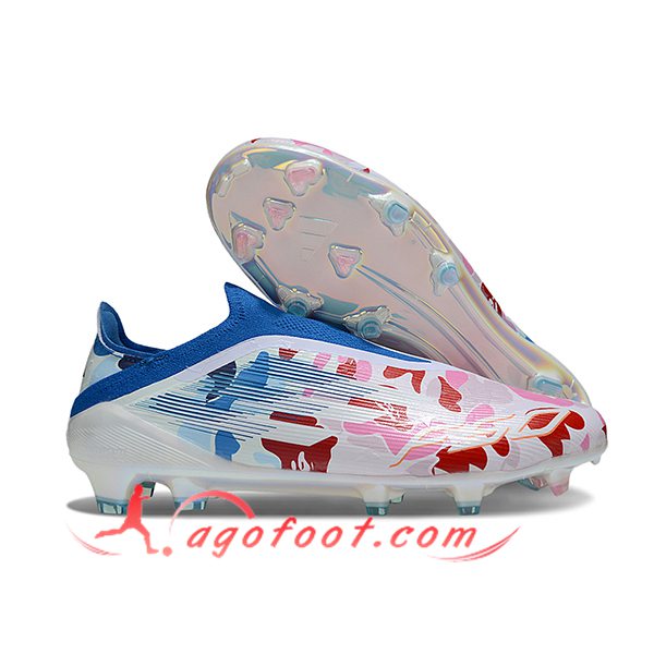 Adidas Chaussures de Foot F50 Elite Laceless FG Blanc/Bleu/Rose
