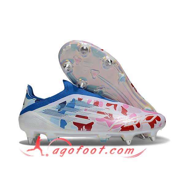 Adidas Chaussures de Foot F50 Elite Laceless SG Blanc/Bleu/Rose -02
