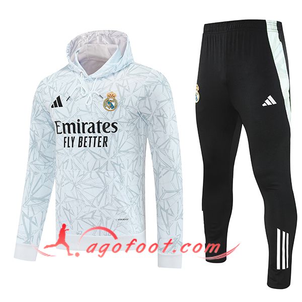 Ensemble Survetement Veste A Capuche Real Madrid Blanc/Gris 2025/2026