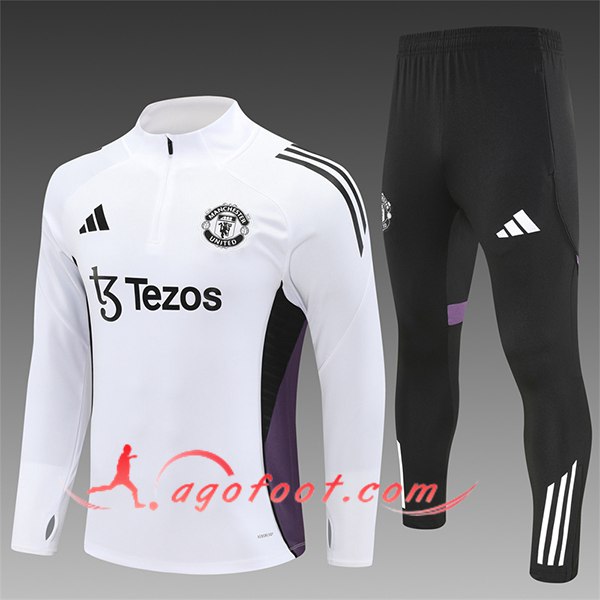 Ensemble Survetement de Foot Manchester United Enfant Blanc/Pourpre/Noir 2025/2026