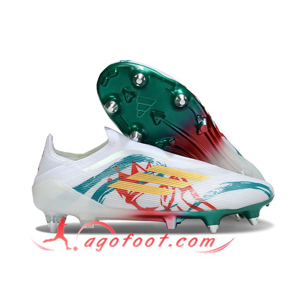 Adidas Chaussures de Foot F50 Elite Laceless SG Blanc/Vert/Jaune/Rouge