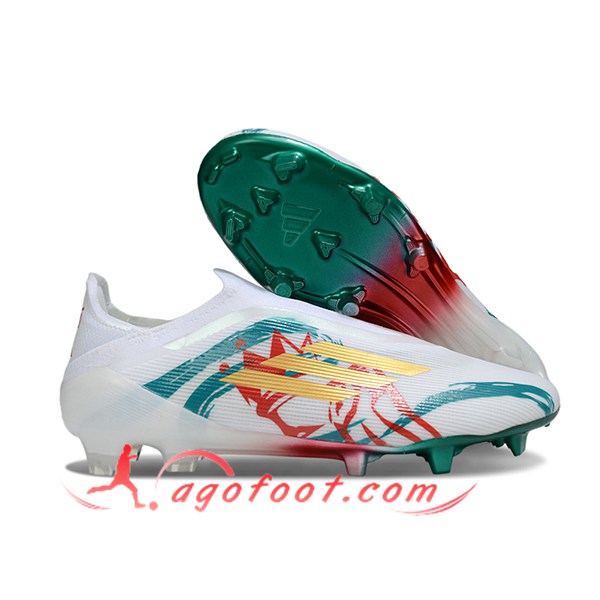Adidas Chaussures de Foot F50 Elite Laceless FG Blanc/Vert/Jaune/Rouge