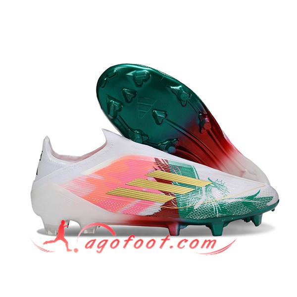 Adidas Chaussures de Foot F50 Elite Laceless FG Blanc/Rose/Vert/Jaune -02