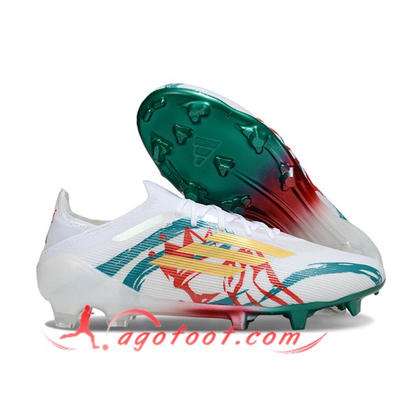 Adidas Chaussures de Foot F50 Elite FG Blanc/Vert/Jaune/Rouge -02