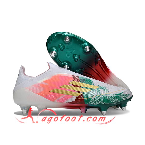Adidas Chaussures de Foot F50 Elite Laceless SG Blanc/Rose/Vert/Jaune -02