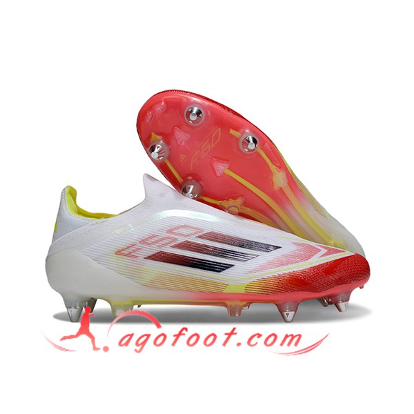 Adidas Chaussures de Foot F50 Elite Laceless SG Blanc/Orange/Noir -02