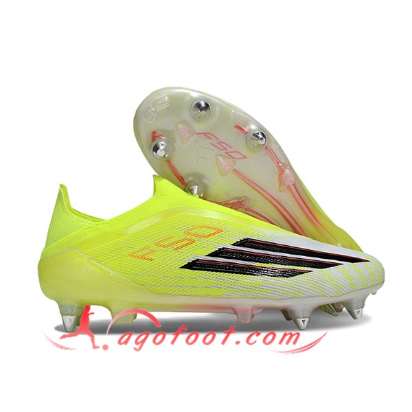 Adidas Chaussures de Foot F50 Elite Laceless SG Jaune/Noir/Blanc -02
