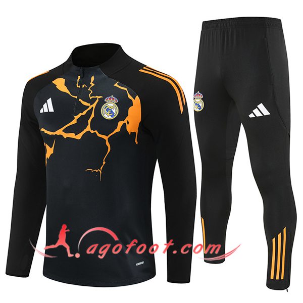 Ensemble Survetement de Foot Real Madrid Noir/Orange 2025/2026