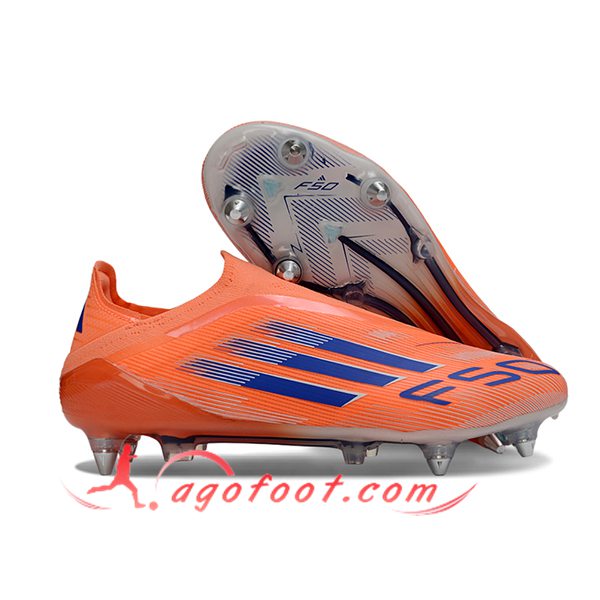 Adidas Chaussures de Foot F50 Elite Laceless SG Orange/Bleu -03