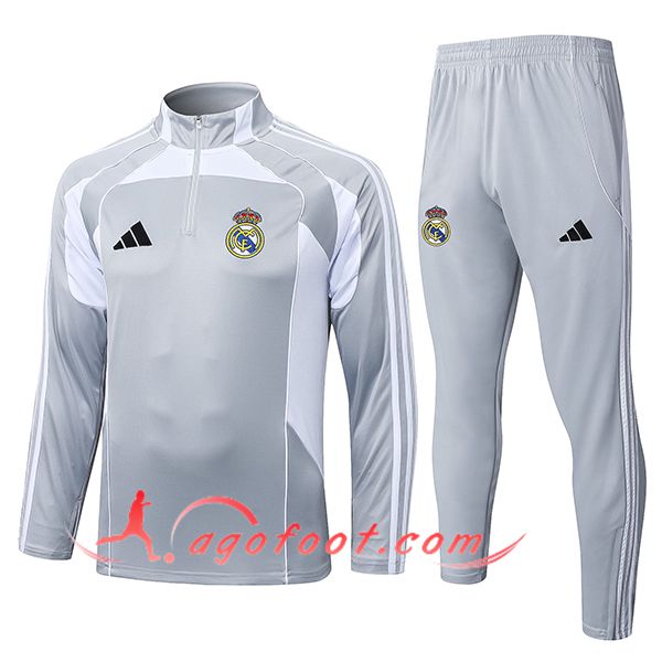 Ensemble Survetement de Foot Real Madrid Gris/Blanc 2025/2026
