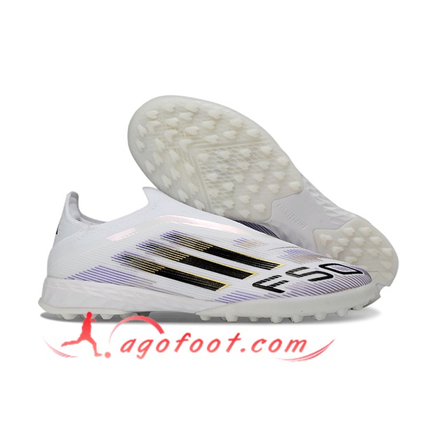 Adidas Chaussures de Foot F50 Pro Laceless TF Blanc/Noir/Pourpre