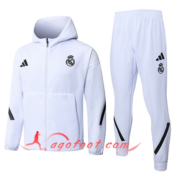 Ensemble Survetement Veste A Capuche Coupe-Vent Real Madrid Blanc/Noir 2025/2026