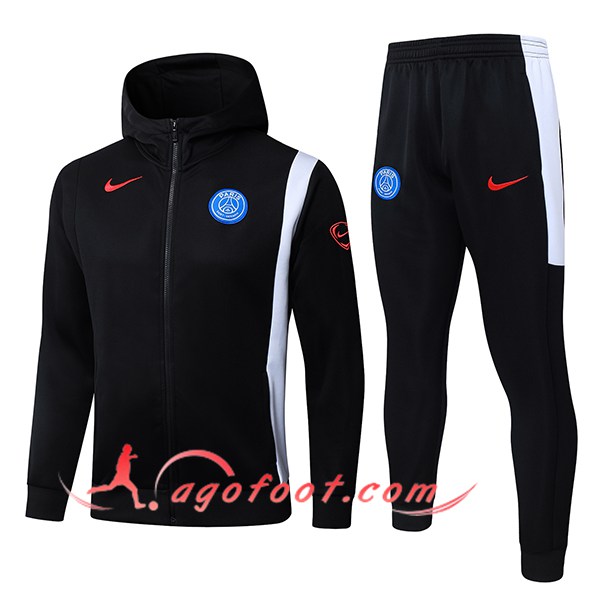 Ensemble Survetement Veste A Capuche Coupe-Vent PSG Noir/Blanc 2025/2026