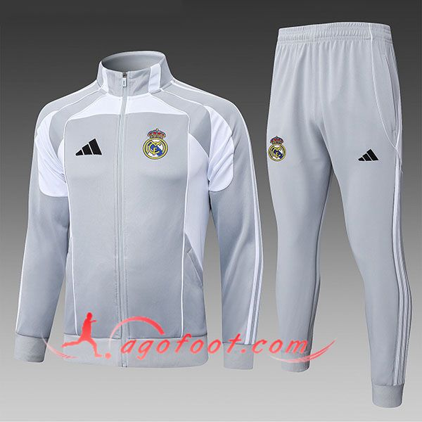 Ensemble Survetement de Foot Veste Real Madrid Enfant Gris/Blanc 2025/2026