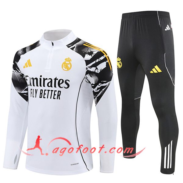 Ensemble Survetement de Foot Real Madrid Blanc/Noir/Jaune 2025/2026 -02