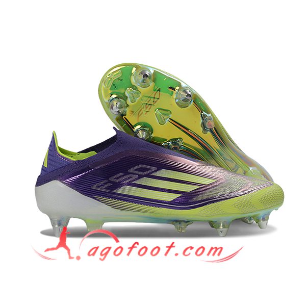 Adidas Chaussures de Foot F50 Elite Laceless SG Pourpre/Vert -04