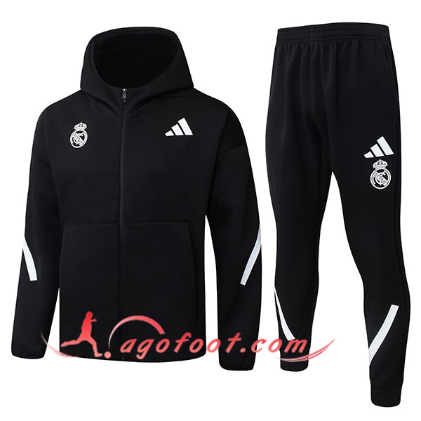 Ensemble Survetement Veste A Capuche Coupe-Vent Real Madrid Noir/Blanc 2025/2026