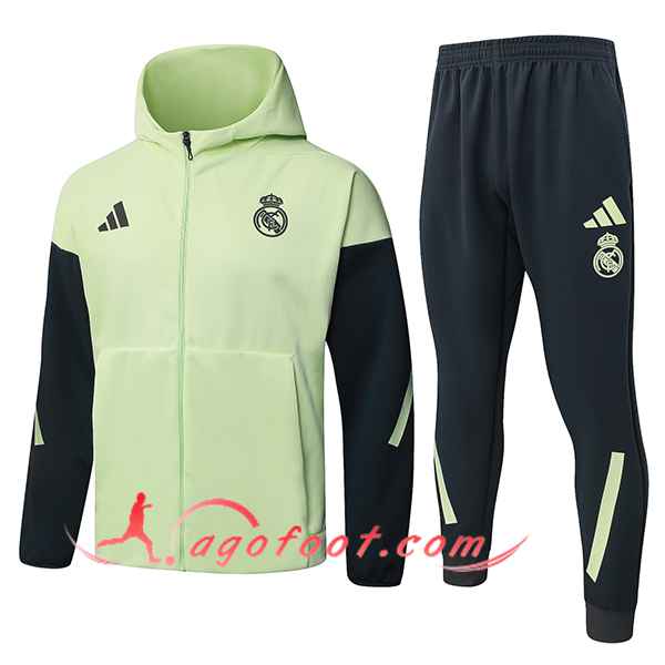 Ensemble Survetement Veste A Capuche Coupe-Vent Real Madrid Vert/Gris 2025/2026