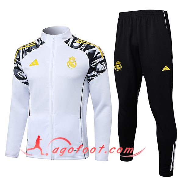 Ensemble Survetement de Foot Veste Real Madrid Blanc/Noir/Jaune 2025/2026