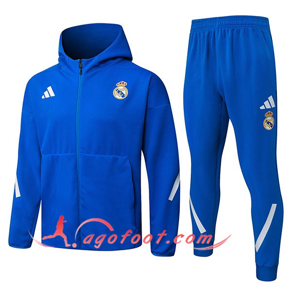Ensemble Survetement Veste A Capuche Coupe-Vent Real Madrid Bleu 2025/2026