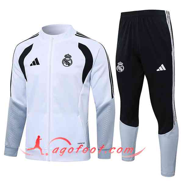 Ensemble Survetement de Foot Veste Real Madrid Blanc/Gris/Noir 2026/2027