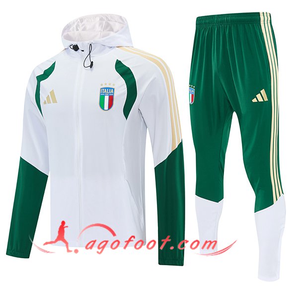 Ensemble Survetement Veste A Capuche Coupe-Vent Italie Blanc/Vert/Jaune 2026/2027